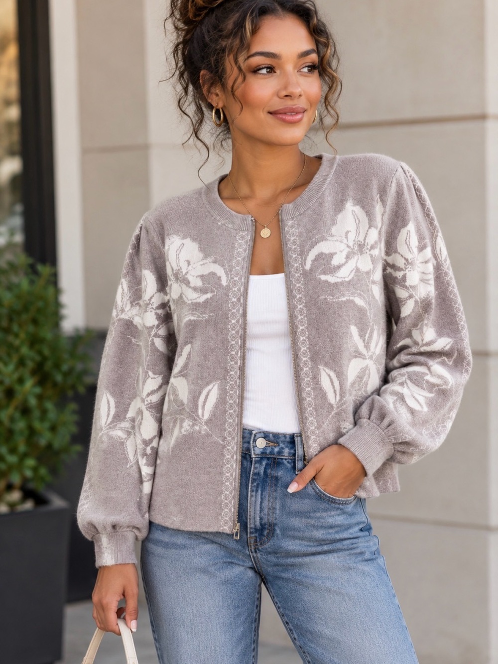 Tahari Floral Knit Zip-Up Cardigan Sweater- Gray/White